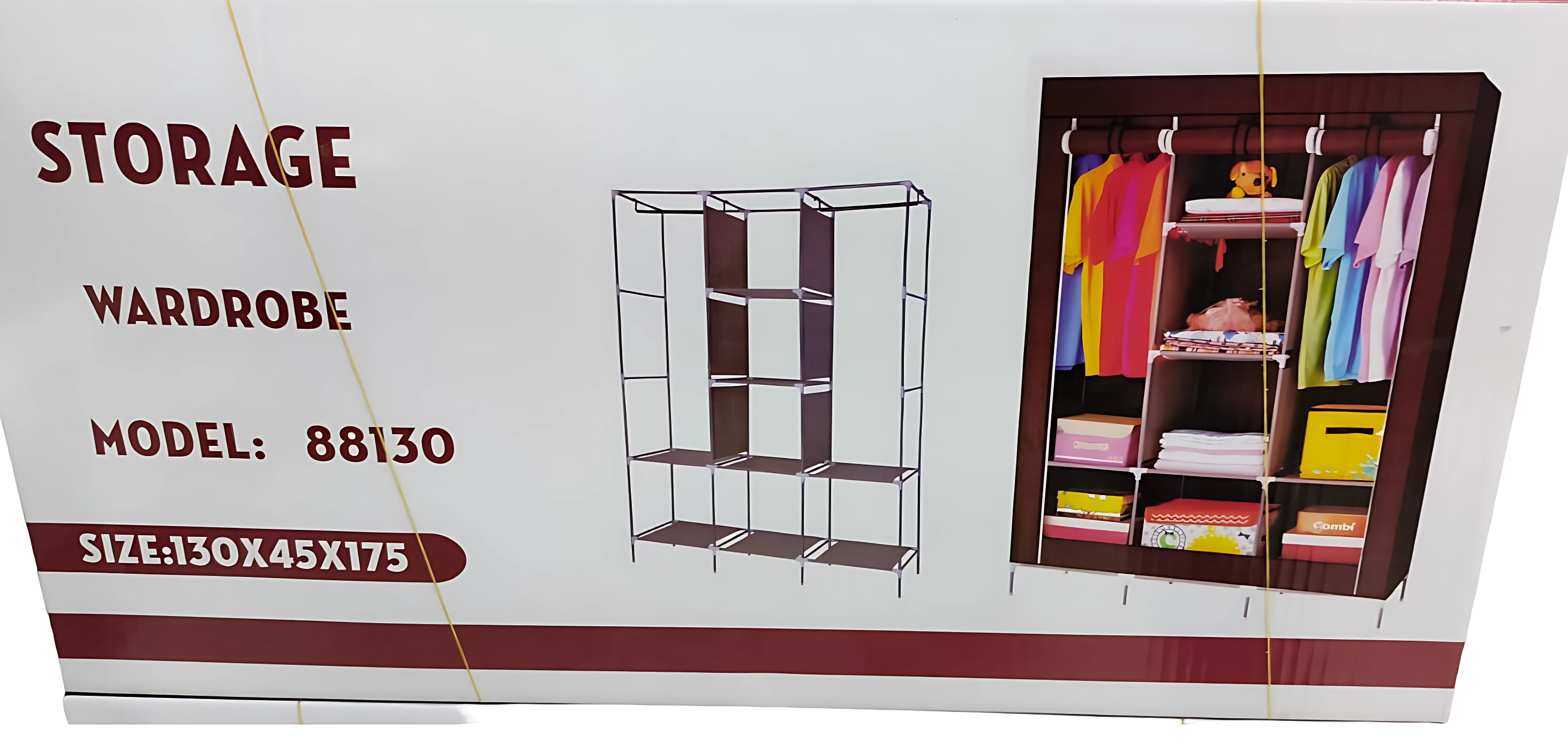 Armario de tela STORAGE modelo 88130 con tres divisiones, medidas 130x45x175 cm, mostrando estructura metálica y estantes organizados con ropa y accesorios.