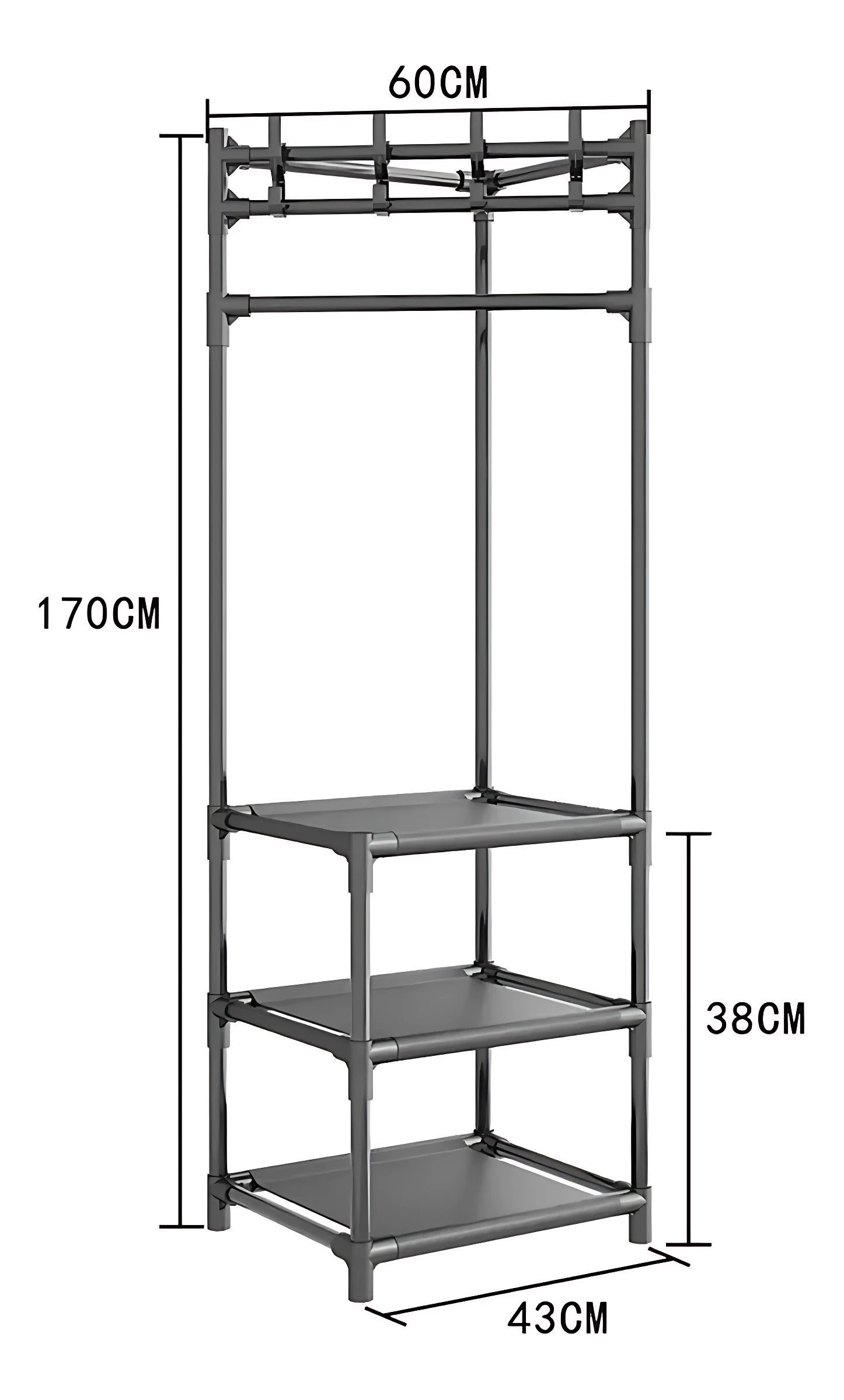 Perchero metálico gris de 170 cm con tres estantes y barra superior, ideal para abrigos y calzado en espacios reducidos.