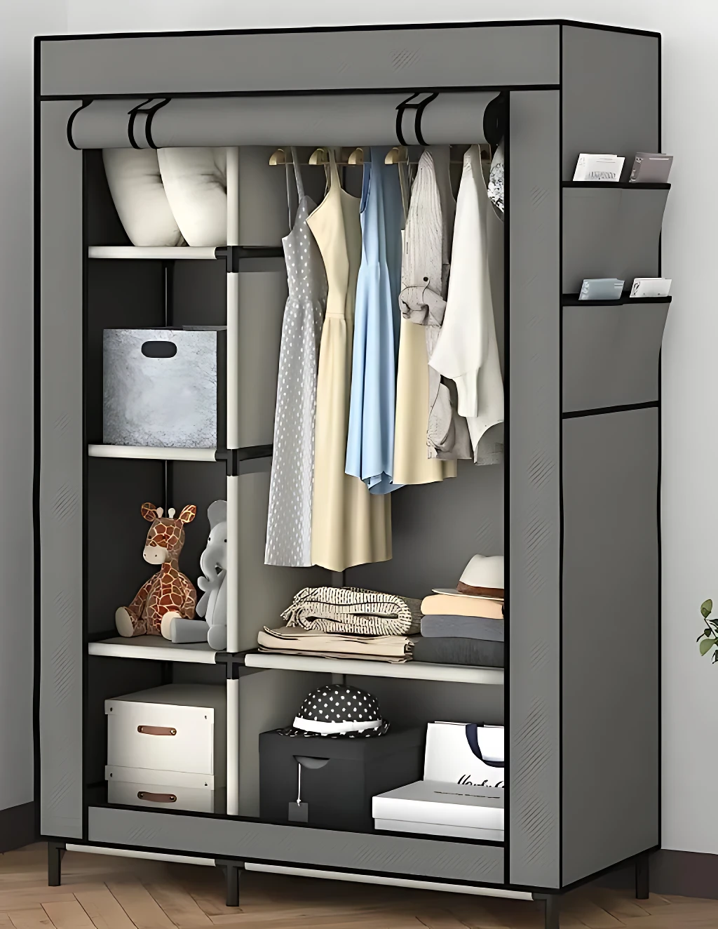 Armario de lona gris con 5 estantes y zona de colgar, mostrando ropa, cajas y accesorios organizados en su interior.
