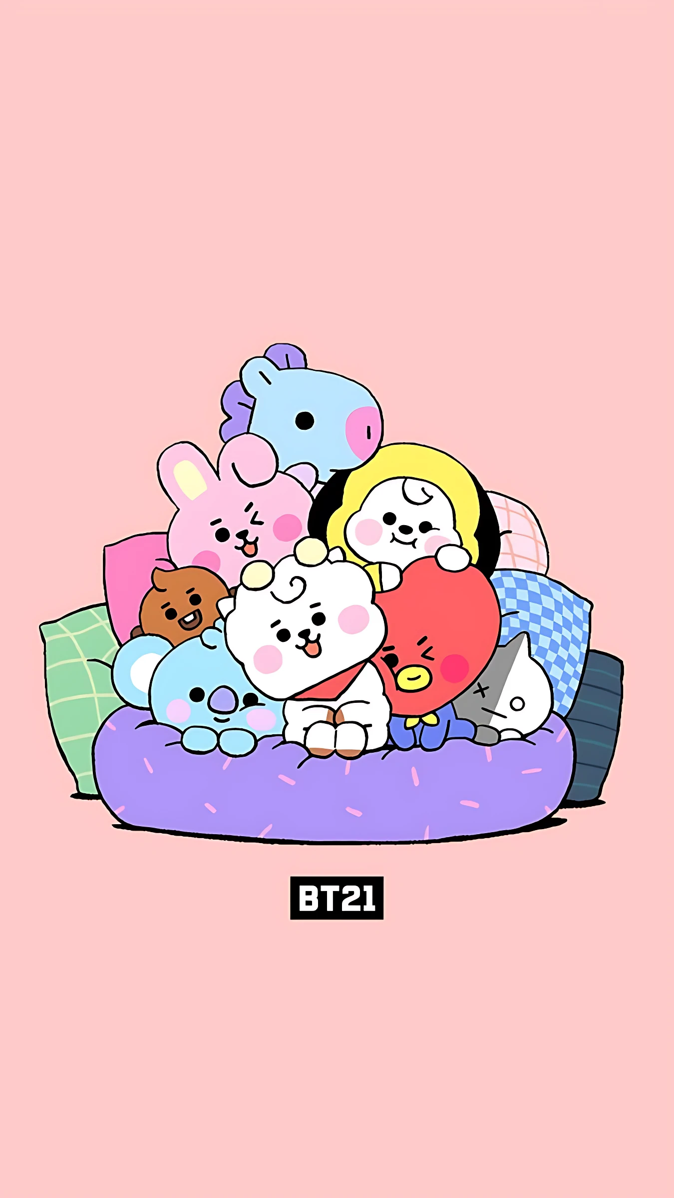 Cobija personalizada con diseño de personajes BT21 en tonos pastel, mostrando a los siete miembros reunidos sobre una cama púrpura con almohadas variadas.