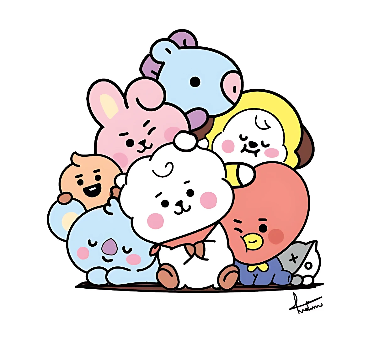 Cobija personalizada con diseño de personajes BT21 en colores pastel, mostrando a los siete miembros agrupados en estilo ilustrativo.
