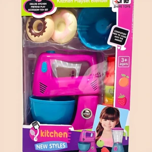 Juego de cocina infantil en caja, con batidora rosa, tazas azules y accesorios de pastel. Incluye donas y frutas de juguete. Para niños de 3 años en adelante.