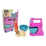 Mezcladora rosa con tazón azul, accesorios de cocina y caja original, ideal para juegos de roles infantiles.