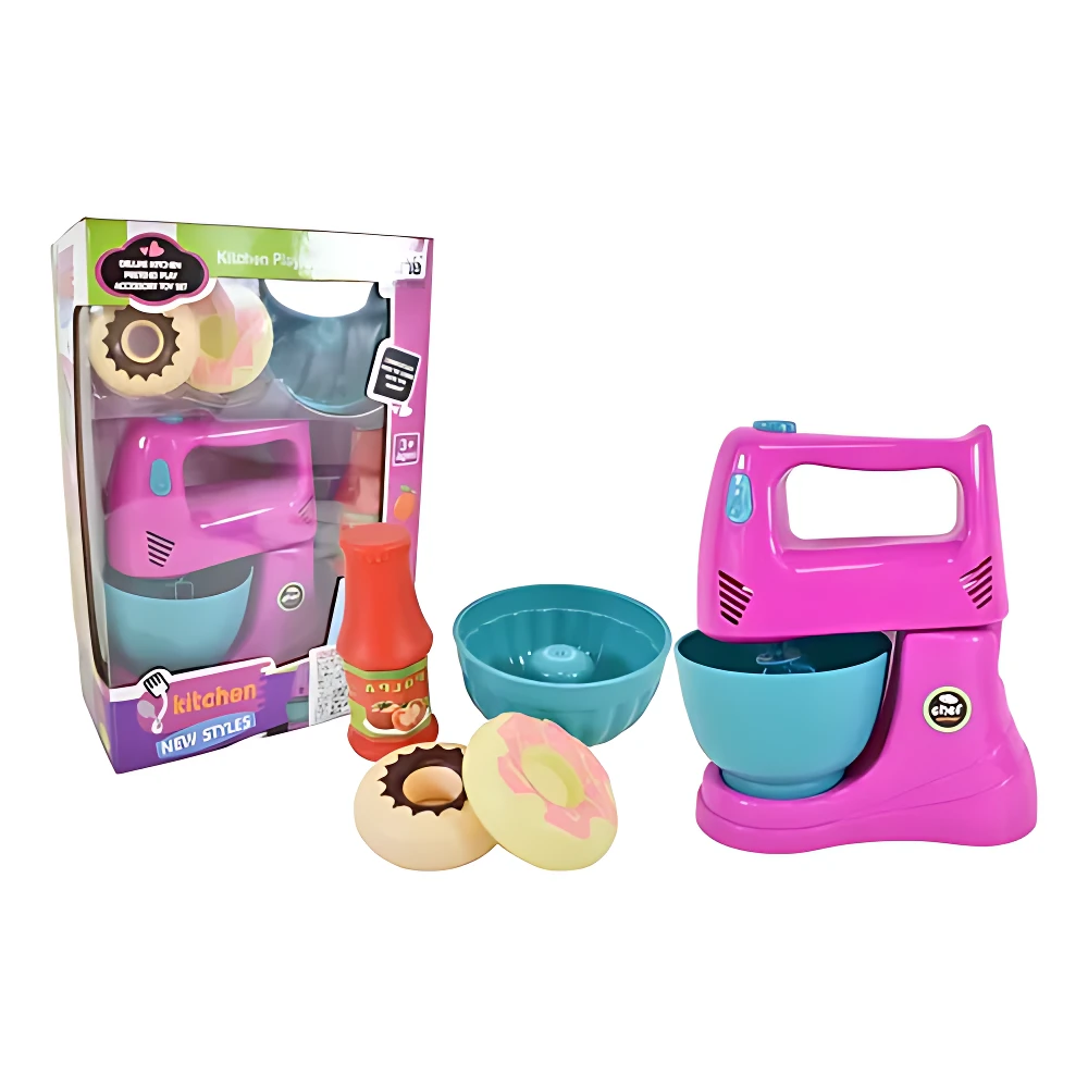 Mezcladora rosa con tazón azul, accesorios de cocina y caja original, ideal para juegos de roles infantiles.