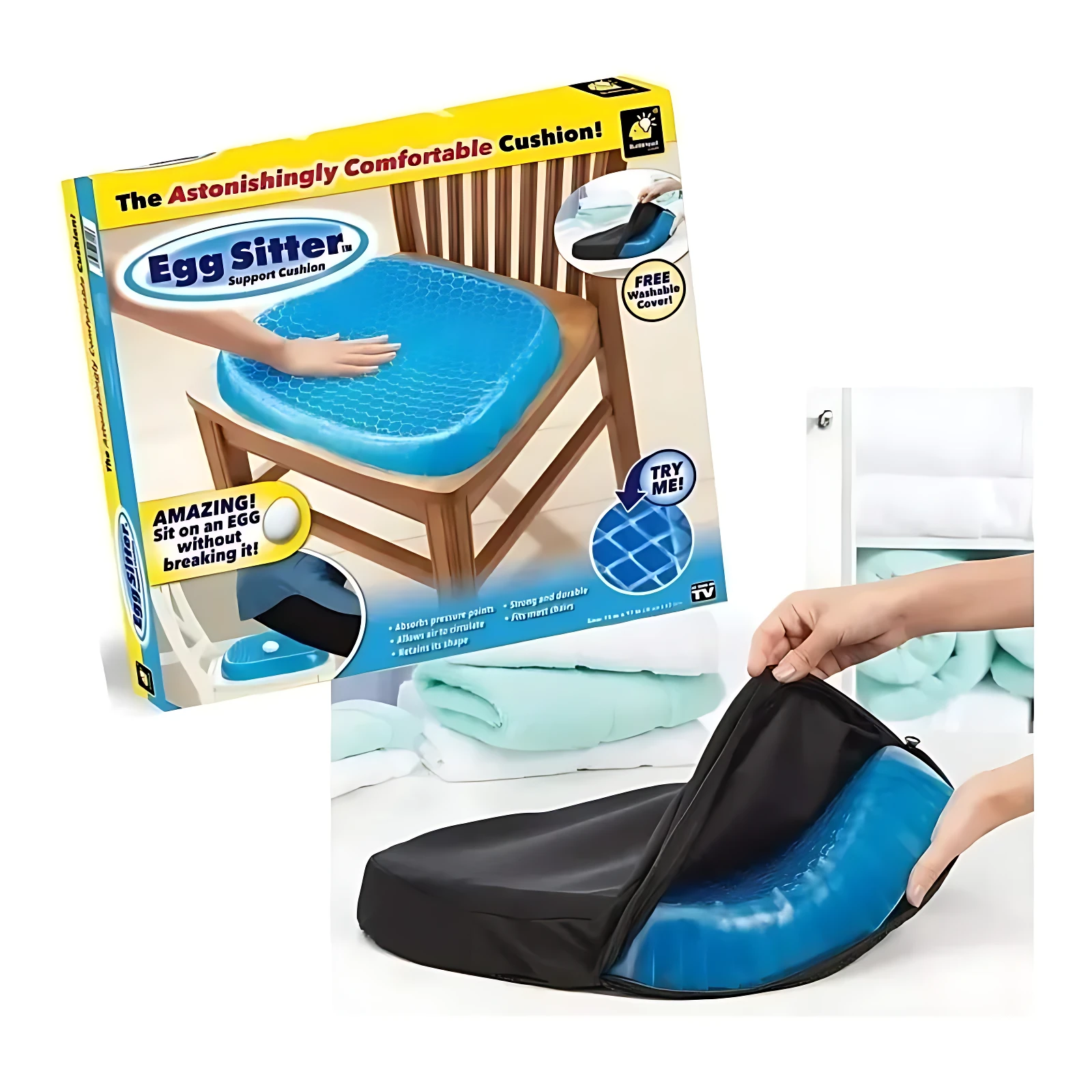 Cojín azul con celdas distribuidoras de presión, mostrando su interior negro y textura acolchada, en uso sobre silla y en presentación con caja.