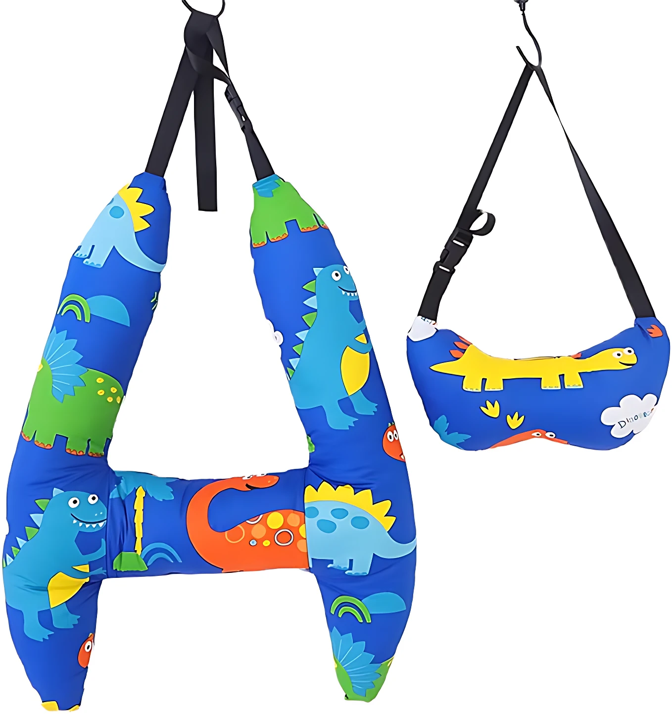 Cojín ergonómico en forma de H con estampado de dinosaurios, ideal para viajes. Incluye variante compacta con correa de transporte.