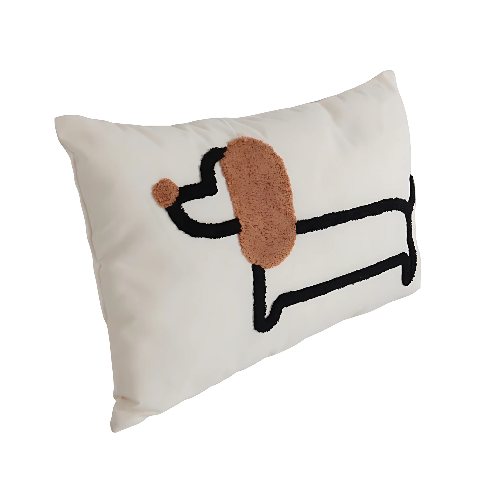 Cojín rectangular blanco con bordado de perro salchicha en negro y marrón, diseño minimalista para sala.