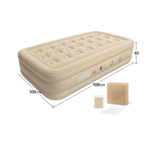 Colchón inflable individual beige de 108 x 100 x 40 cm, con bomba integrada y soporte para 150 kg. Incluye caja, bolsa de almacenamiento y manual.