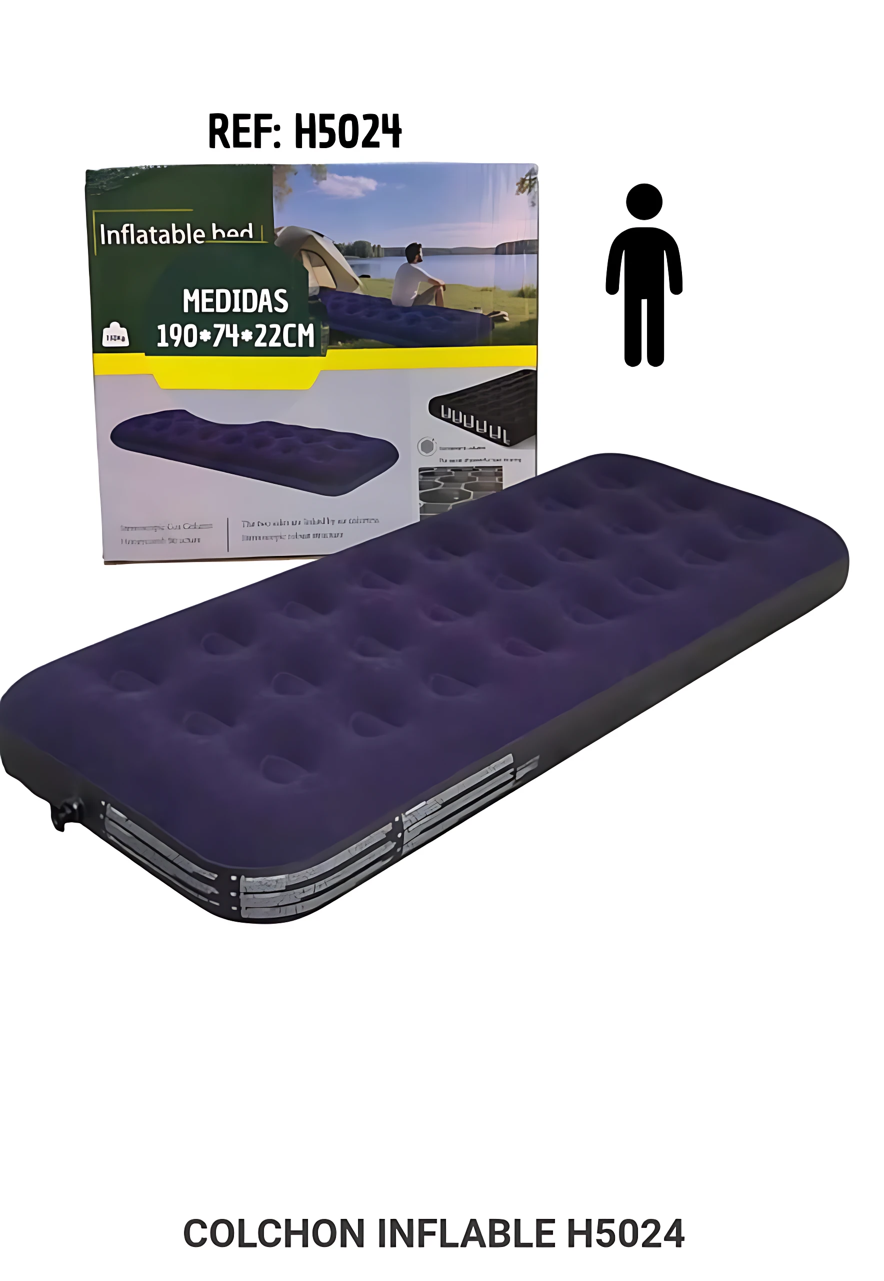Colchón inflable compacto color morado con válvula bidireccional, dimensiones 190x74x22 cm, mostrado desplegado junto a su caja y silueta humana de referencia.