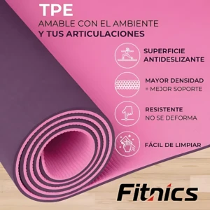 Colchoneta de yoga plegable en color rosa y morado, con textura antideslizante y diseño ergonómico para mayor soporte y comodidad durante la práctica.