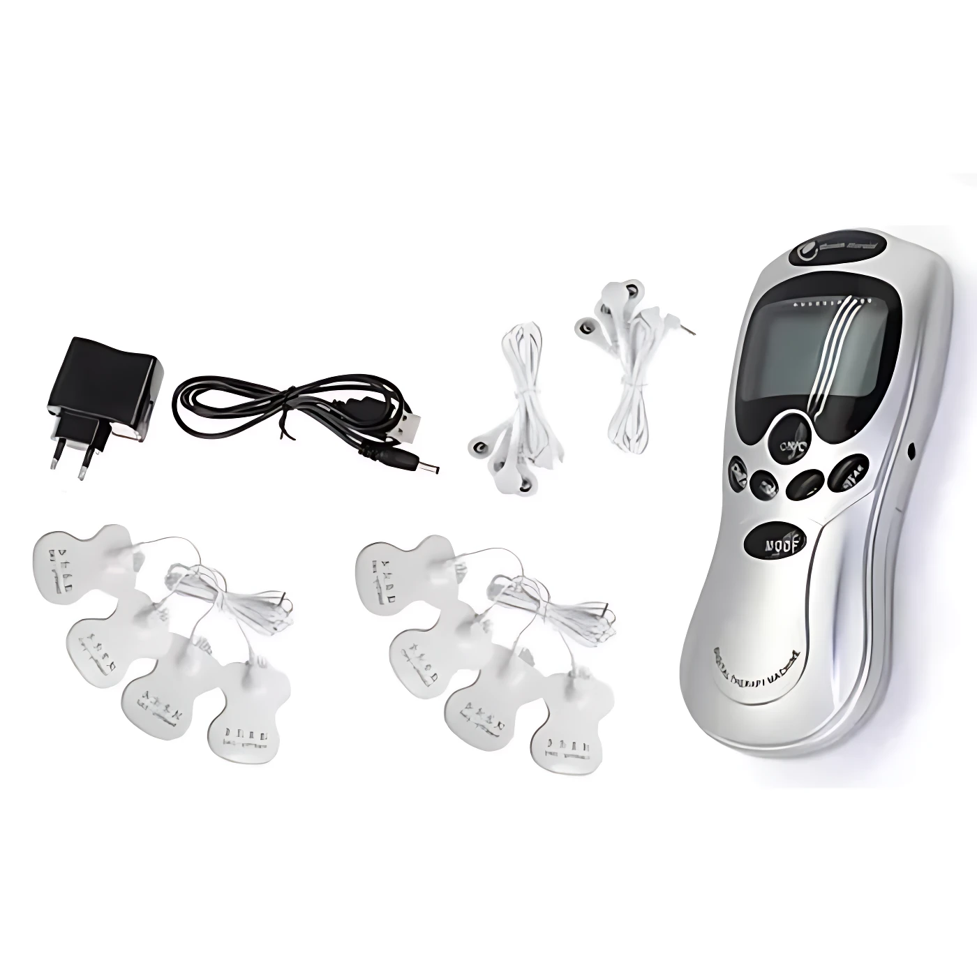 Electroestimulador de pies portátil en color plateado con pantalla LCD, incluye seis electrodos, cables de conexión, adaptador de corriente y auriculares.