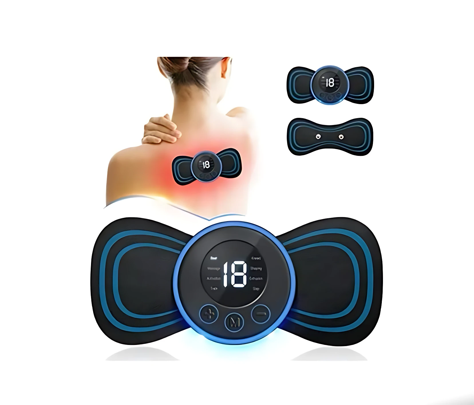 Electroestimulador portátil con pantalla digital azul y electrodos negros, mostrando uso en cuello y espalda. Incluye dos parches adicionales.