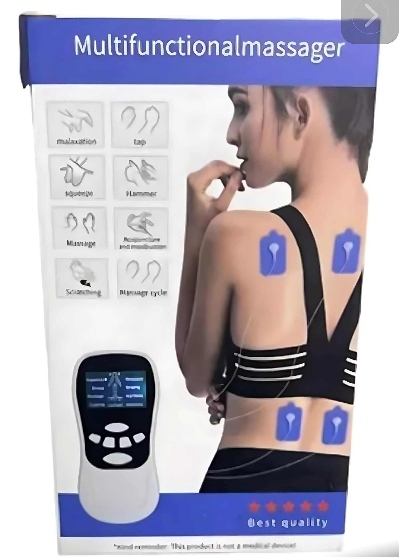 Masajeador multifuncional portátil en caja, con de mujer usando el dispositivo en espalda y detalles de funciones como relajación, masaje y ciclo de masaje.