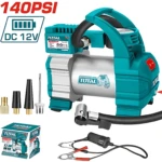 Compresor de neumáticos portátil de 12V en color turquesa con manómetro, cable de carga y accesorios incluidos.