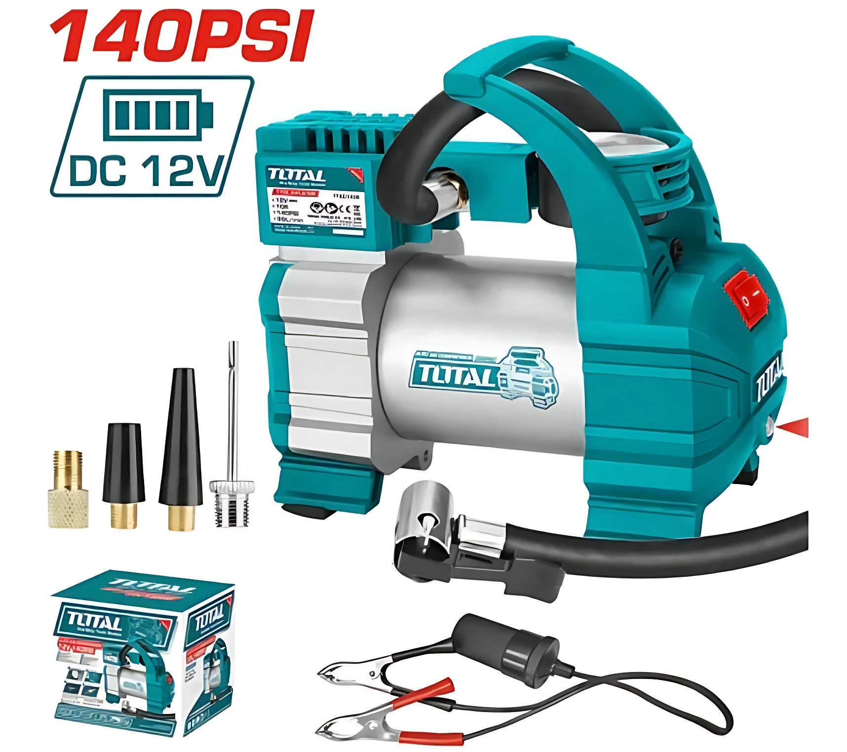 Compresor de neumáticos portátil de 12V en color turquesa con manómetro, cable de carga y accesorios incluidos.