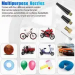 Compresor eléctrico portátil con cuatro boquillas intercambiables para inflar bicicletas, motos, globos, juguetes y accesorios de aire.