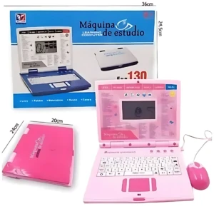 Computador didáctico rosa con teclado y ratón integrados, caja azul con medidas 24,5 x 36 cm y 20 cm de ancho, incluye accesorios para niños.