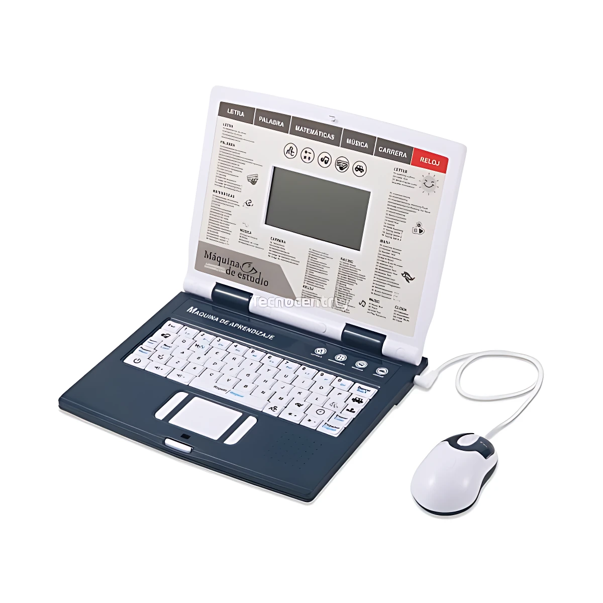 Laptop didáctica para niños con teclado blanco, ratón inalámbrico y pantalla táctil, ideal para aprender informática básica.