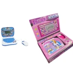 Computador mini rosa con teclado físico y ratón, en caja abierta mostrando pantalla digital, teclas y accesorios incluidos para niños.