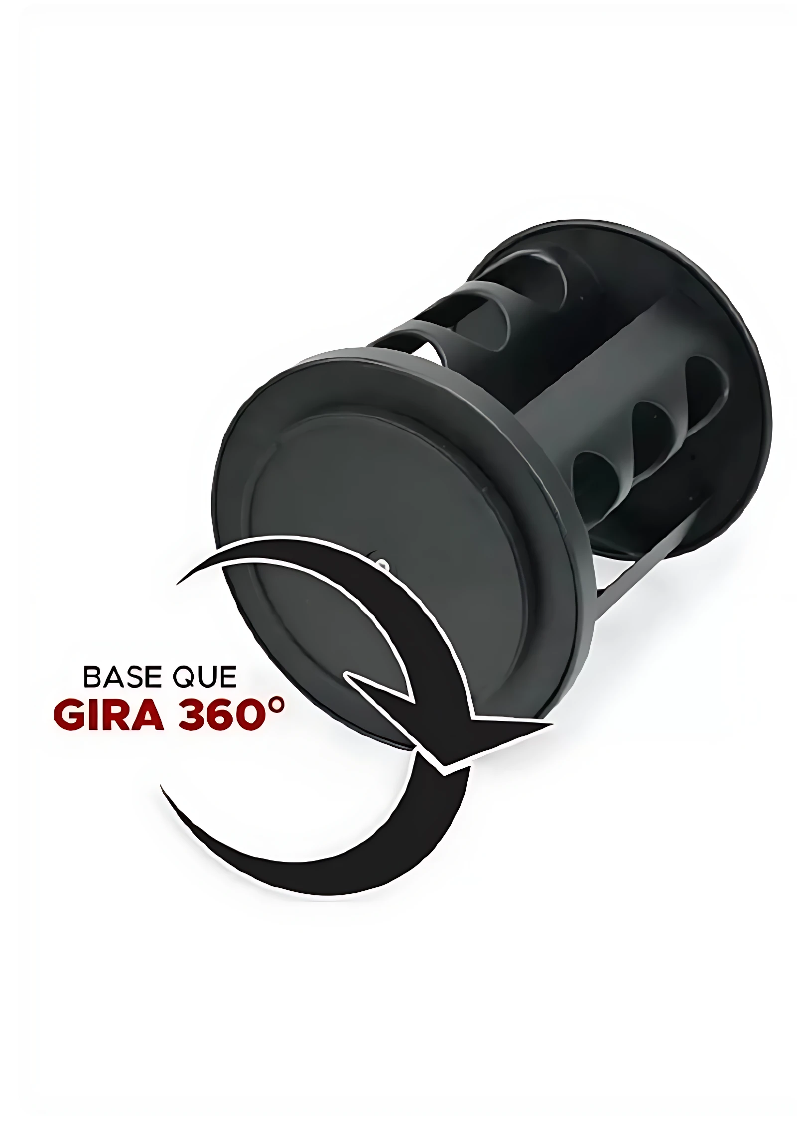 Portacondimentos negro con base giratoria de 360 grados, mostrando su estructura cilíndrica y las aberturas para especias.