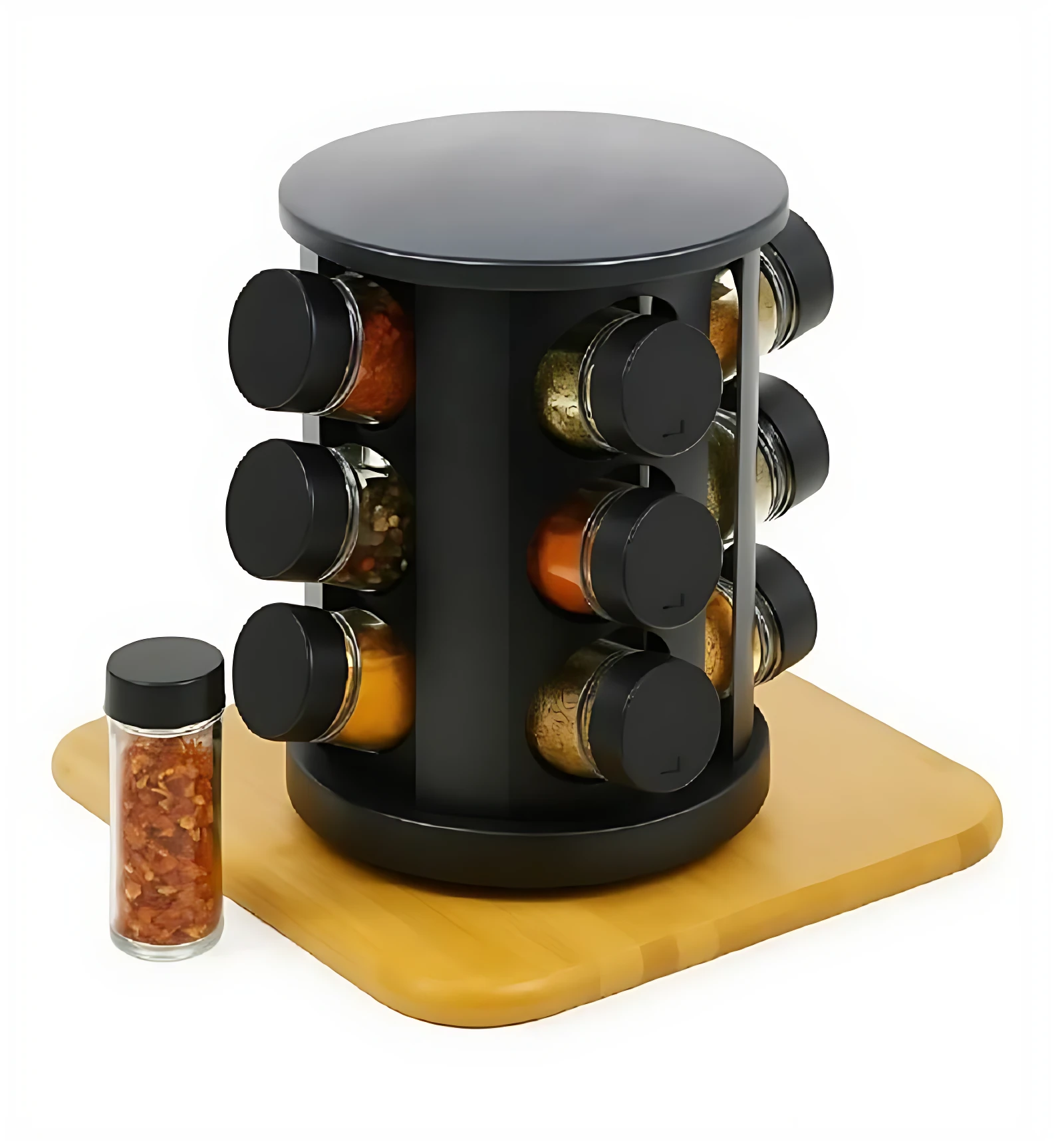 Portacondimentos giratorio negro con base de madera clara, nueve frascos de vidrio con tapas negras y un frasco adicional al lado.