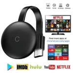 Dispositivo redondo negro con logo C, cable USB y antena flexible. Compatible con Netflix, YouTube, Hulu, IMDb y Chromecast.