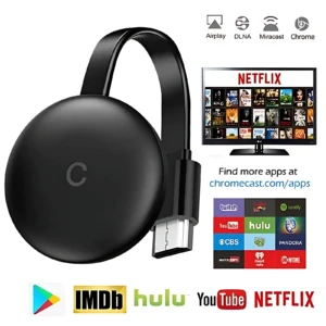 Dispositivo redondo negro con logo C, cable USB y antena flexible. Compatible con Netflix, YouTube, Hulu, IMDb y Chromecast.