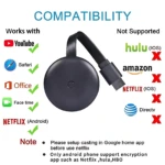 Dispositivo negro circular con cable HDMI, muestra compatibilidad con YouTube, Netflix Android y Safari; no soporta Hulu iOS, Amazon, Netflix iOS, Directv. Incluye nota sobre configuración en Google Home.