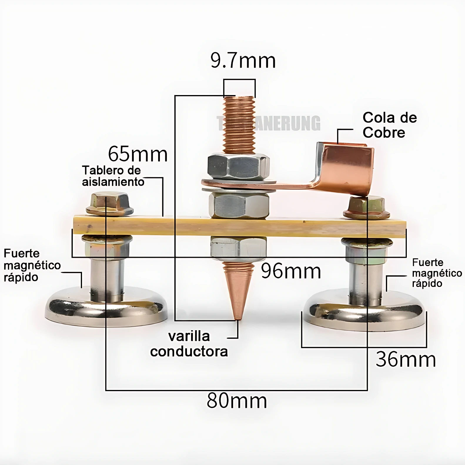 Soporte magnético de tierra para soldadura con base de acero inoxidable, varilla conductora de cobre y tablero de aislamiento de madera, medido en 80mm de ancho y 96mm de altura.