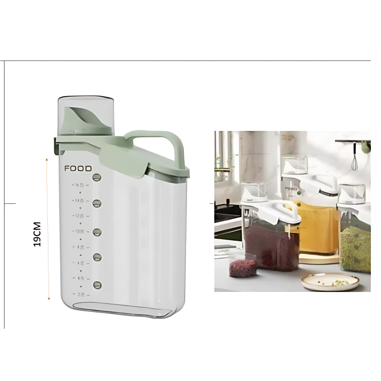 Contenedor hermético graduado de 19 cm con tapa verde y asa, ideal para almacenar alimentos en la cocina.