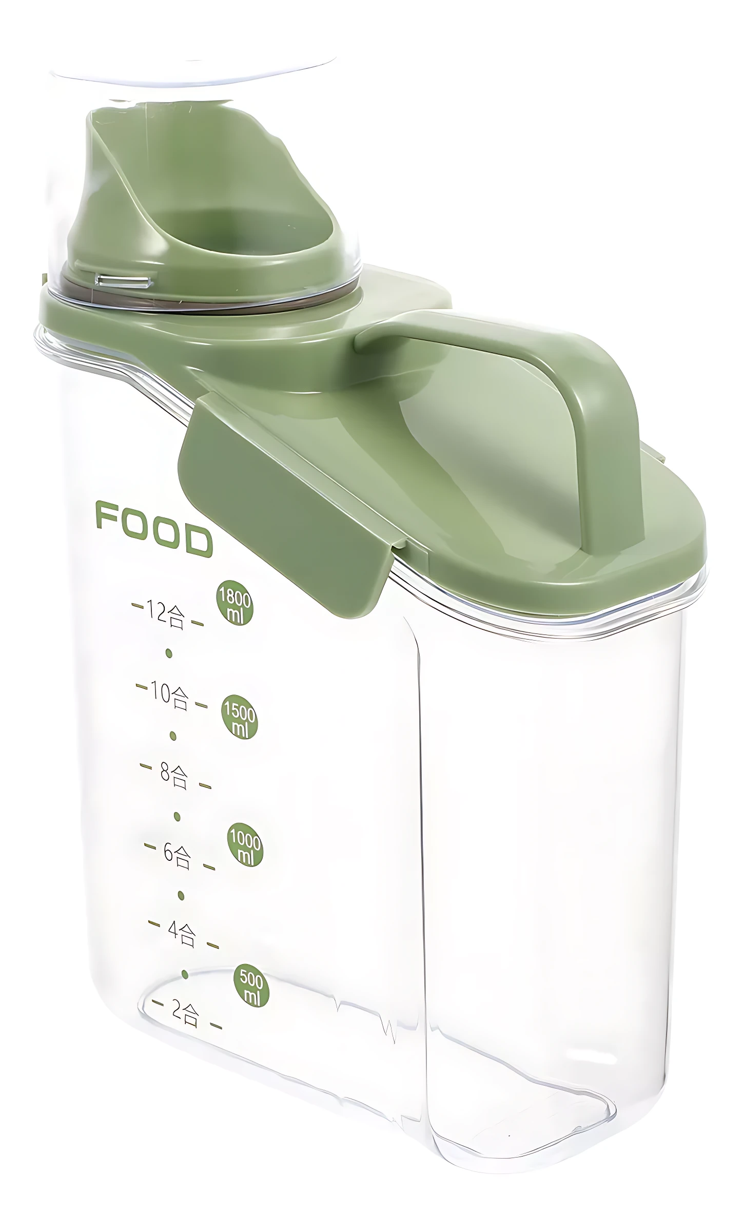 Contenedor hermético graduado en color verde oliva con asa integrada, tapa ajustable y marcas de medida visibles en gramos para almacenamiento de alimentos.