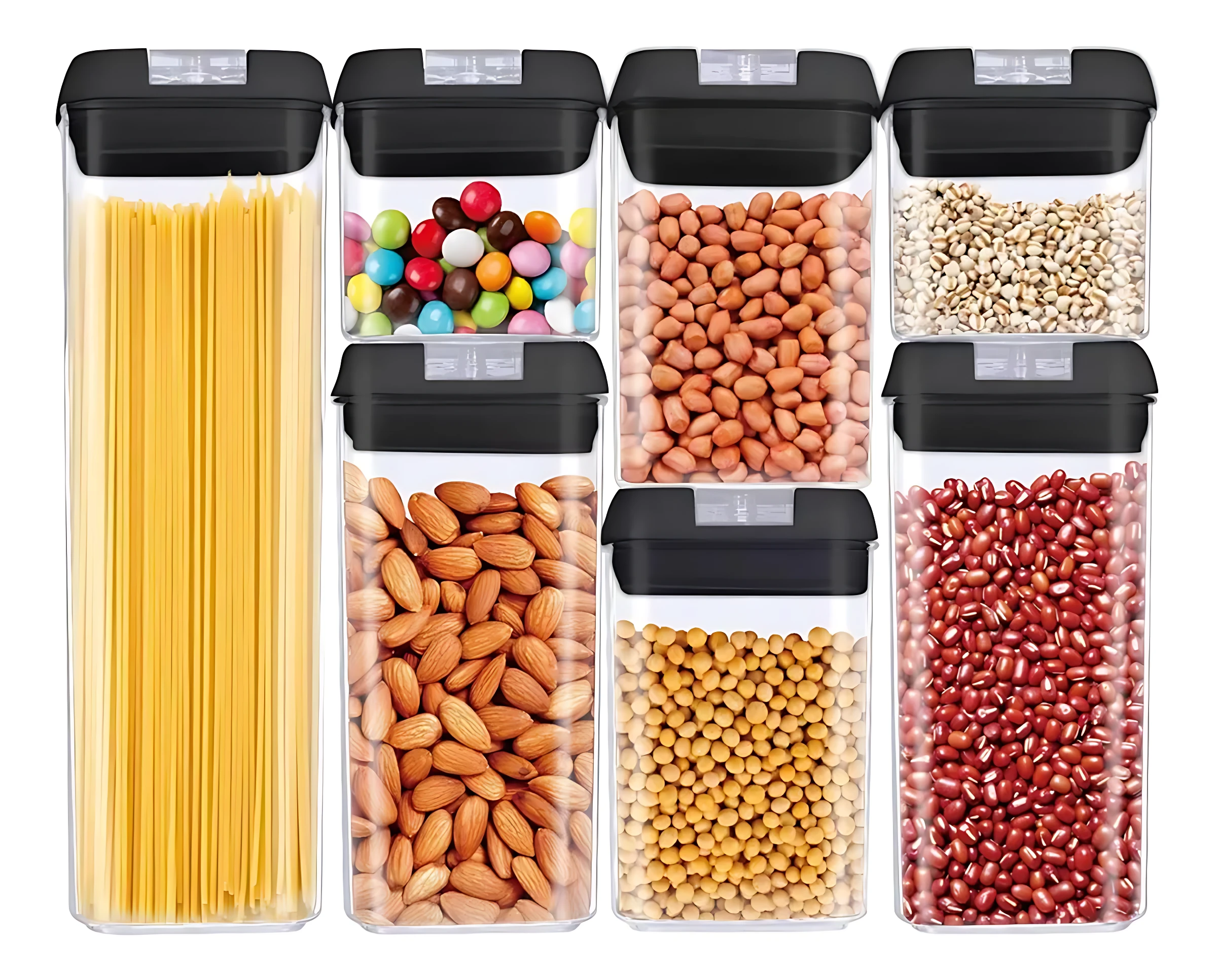 Siete contenedores herméticos de plástico transparente con tapas negras, mostrando pasta, almendras, cacahuetes, legumbres y dulces.