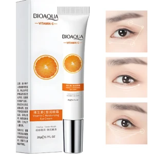 Tubo de contorno de ojos Bioaqua Vitamina C, 20g, con diseño blanco y naranja, acompañado de tres primeros planos de aplicación en zona ocular.