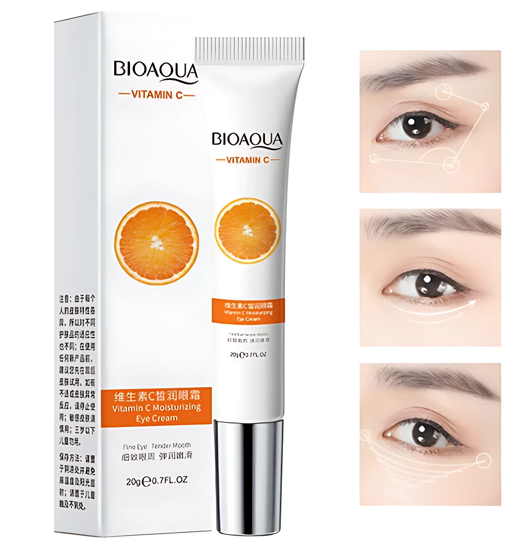 Tubo de contorno de ojos Bioaqua Vitamina C, 20g, con diseño blanco y naranja, acompañado de tres primeros planos de aplicación en zona ocular.