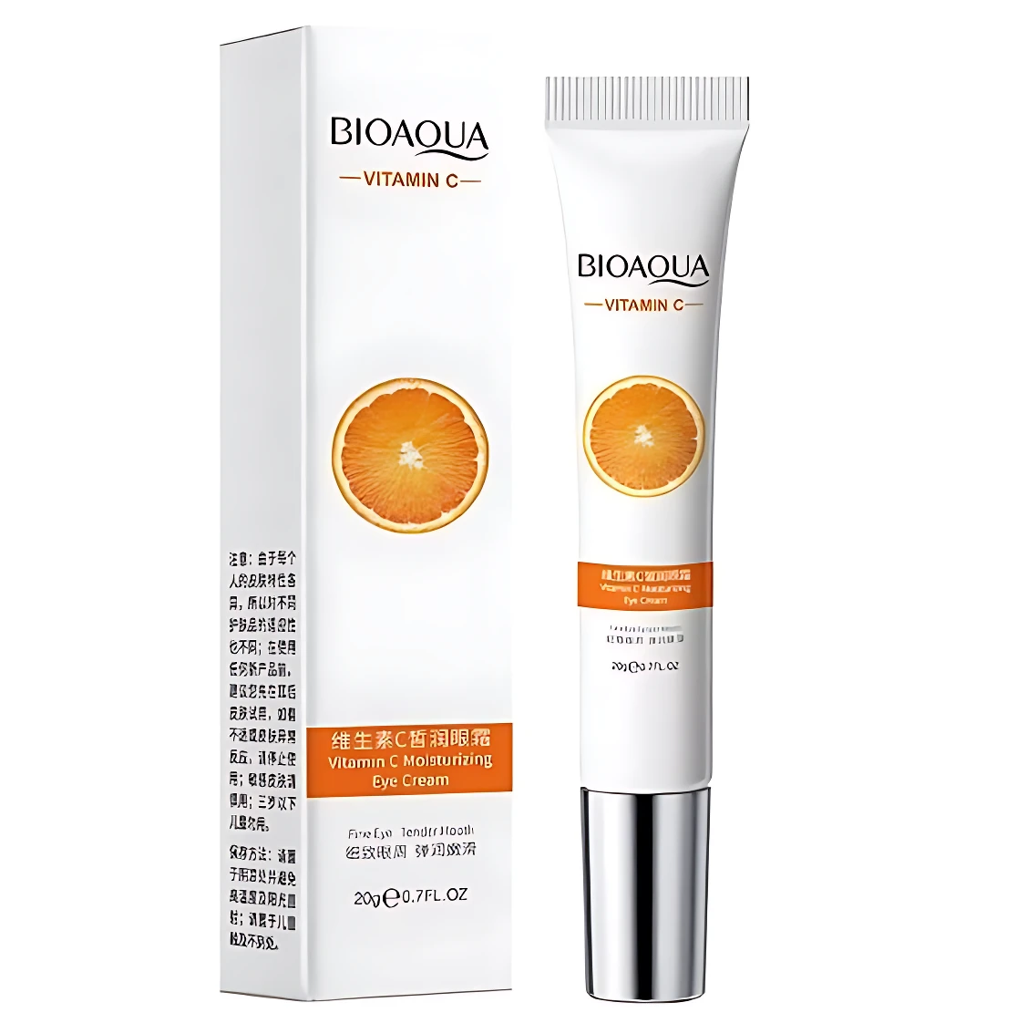 Set de contorno de ojos Bioaqua Vitamina C en tubo y caja blanca con diseño de naranja, 30g cada uno, para reducir ojeras y bolsas.