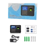 Reloj biométrico de huella dactilar negro con pantalla LCD, teclado numérico y lector de huellas. Incluye caja, cargador, tornillos y manual.