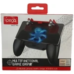 Control multifuncional negro con ventilador LED azul, diseñado para móviles de 4.5 a 6.5 pulgadas, incluye gatillos y soporte para juego.
