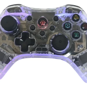 Control inalámbrico gamepad transparente con luces RGB, vista frontal mostrando botones, joysticks y luces internas en tonos púrpura.