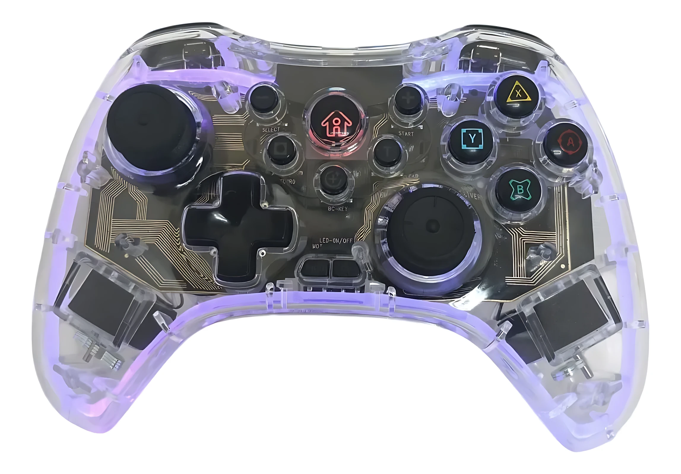 Control inalámbrico gamepad transparente con luces RGB, vista frontal mostrando botones, joysticks y luces internas en tonos púrpura.