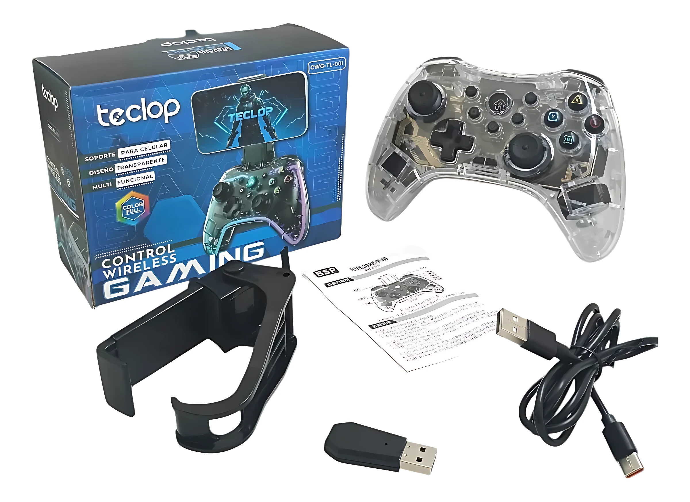 Control inalámbrico transparente con luces RGB, acompañado de su caja, cargador USB, cable y soporte.