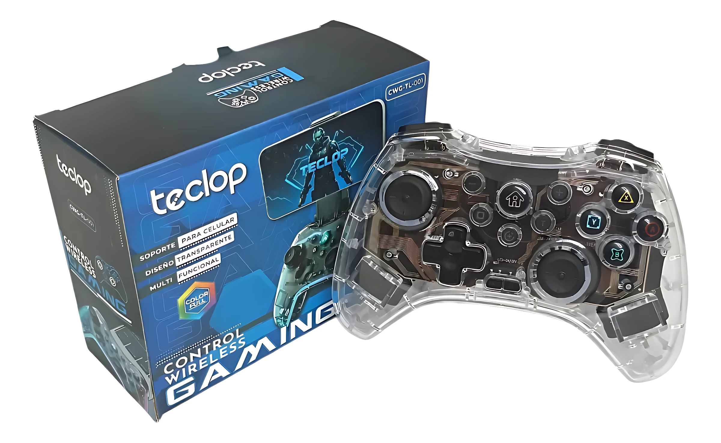 Control inalámbrico transparente con luces RGB, acompañado de su caja azul que muestra el logo Teclop y detalles del producto.