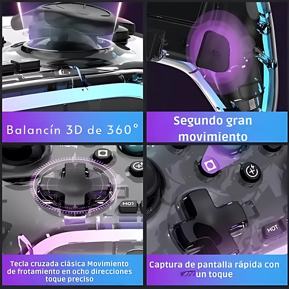 Control inalámbrico transparente con luces RGB, mostrando detalles internos y botones en tonos violeta y azul.