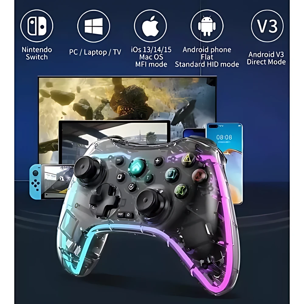 Control inalámbrico transparente con luces RGB, compatible con Nintendo Switch, PC, iOS, Android y modo V3.