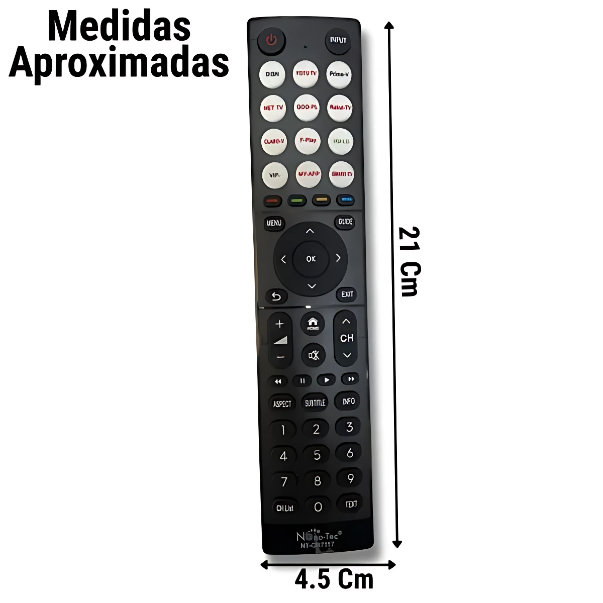 Control remoto Nanotech NT-CR7117 negro, ergonómico y ligero, con botones de canal y volumen accesibles; mide 21 cm de alto por 4,5 cm de ancho.