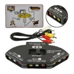 Conmutador RCA 3 en 1 negro con cables incluidos, diagrama de conexión y detalle de puertos rojo, blanco y amarillo.