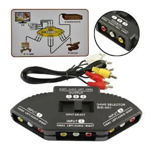 Conmutador RCA 3 en 1 negro con cables incluidos, diagrama de conexión y detalle de puertos rojo, blanco y amarillo.