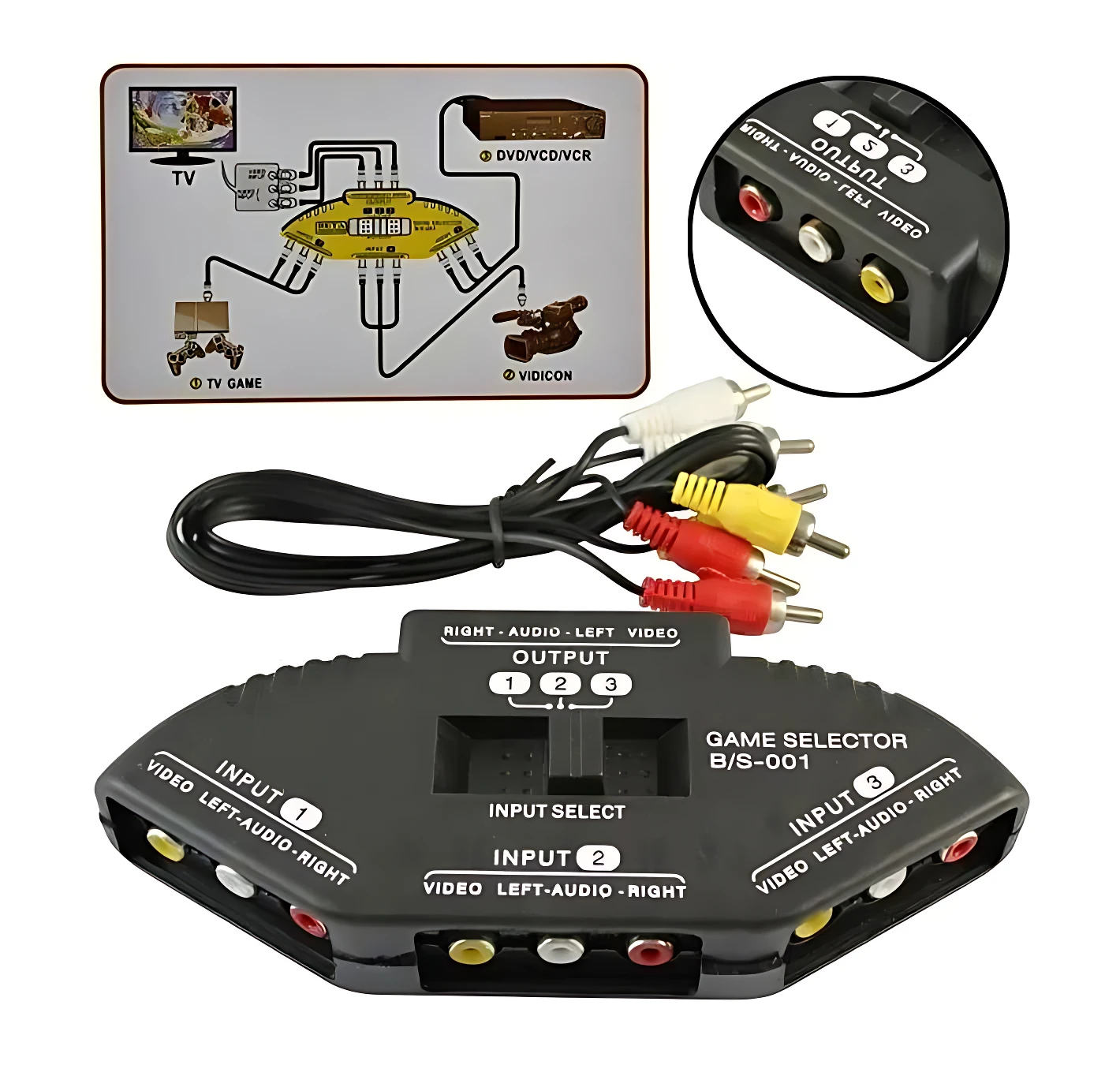 Conmutador RCA 3 en 1 negro con cables incluidos, diagrama de conexión y detalle de puertos rojo, blanco y amarillo.