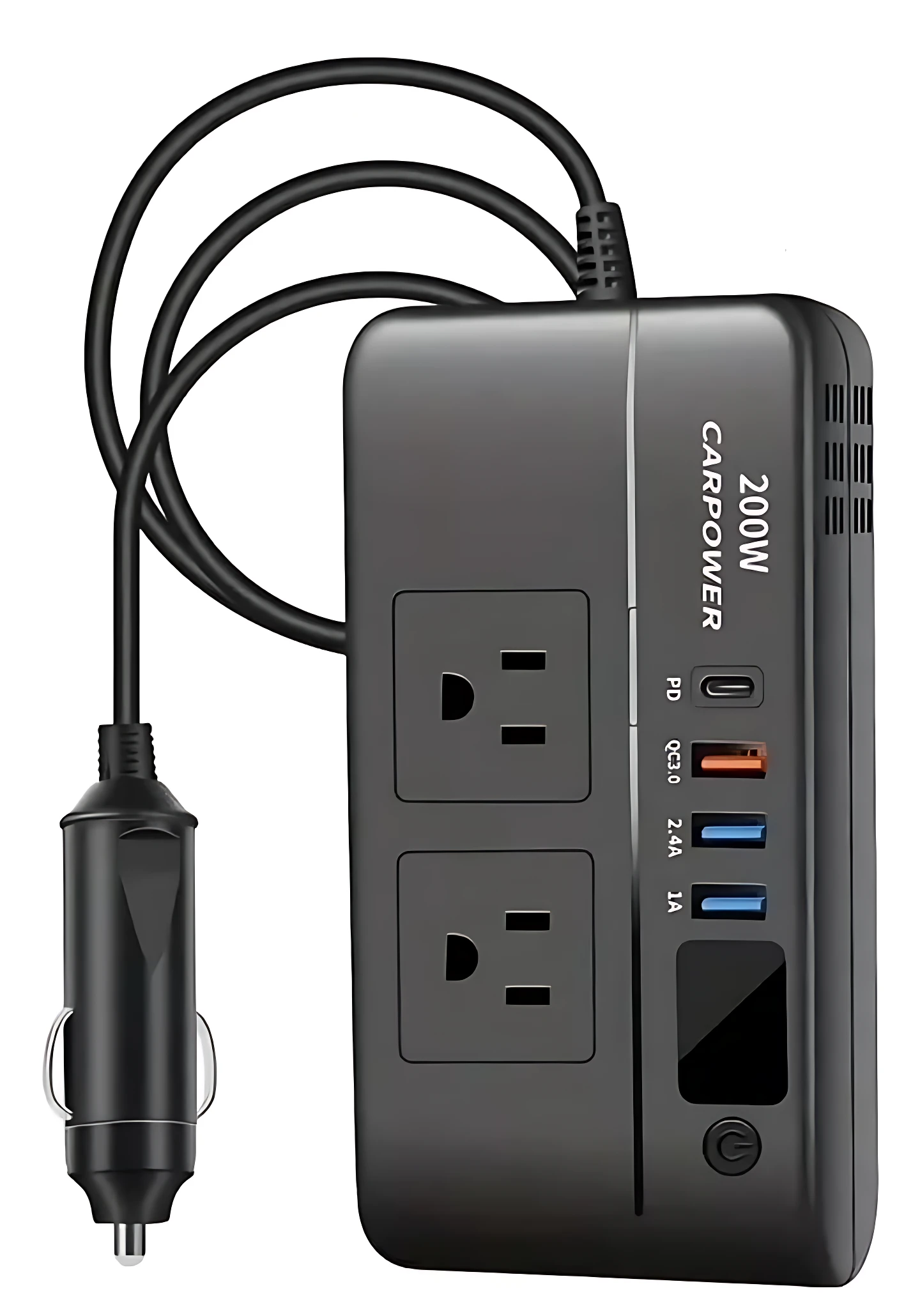 Inversor de corriente auto de 200W en color negro mate, con dos enchufes tipo A, tres puertos USB (dos azules y uno naranja) y un puerto DC. Incluye cable de conexión a encendedor de vehículo.