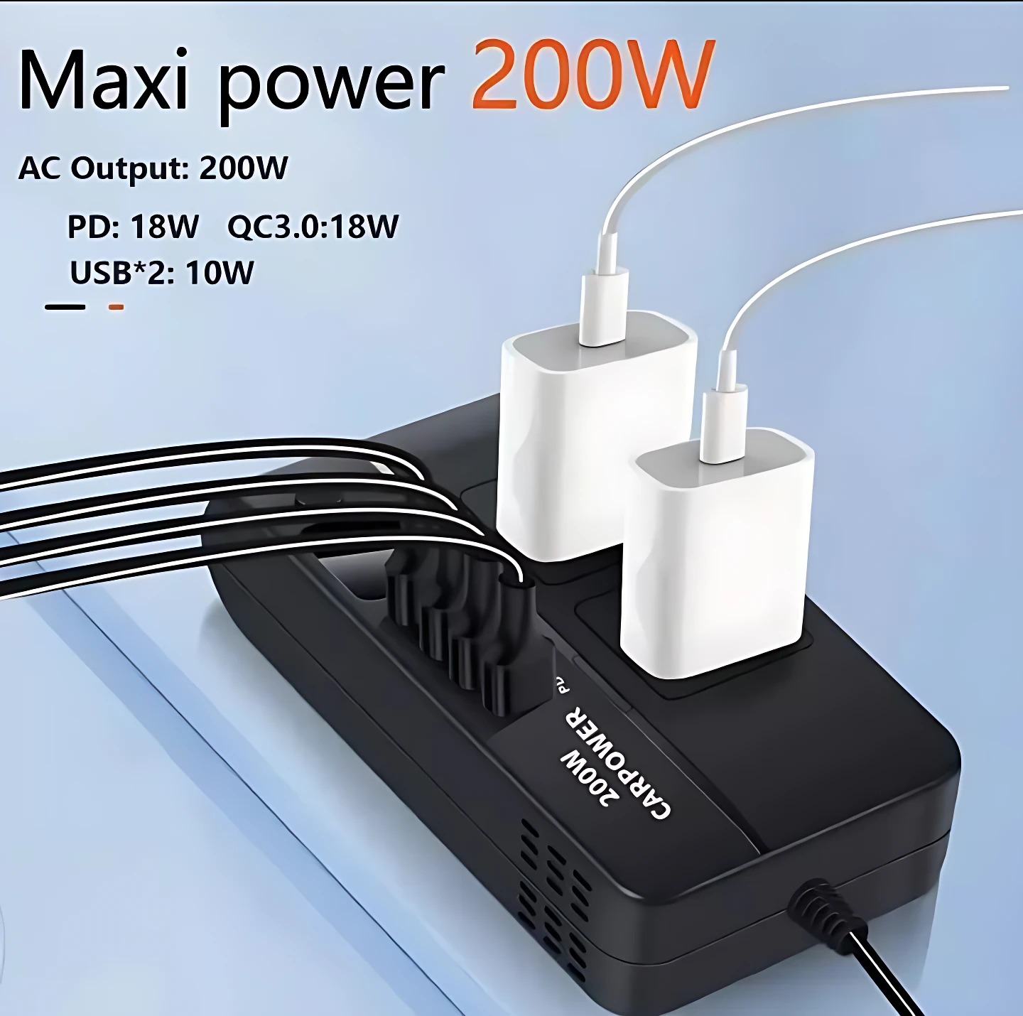 Inversor de corriente auto negro de 200W con dos cargadores blancos conectados y múltiples salidas USB visibles en ángulo lateral.