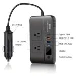 Inversor de corriente auto negro con enchufe DC 12V, dos tomas AC, puertos USB-C y USB-A, pantalla LED y botón de encendido.